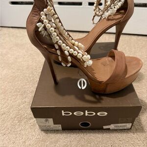 Bebe Tan Heeled Sandals with Pearl Details